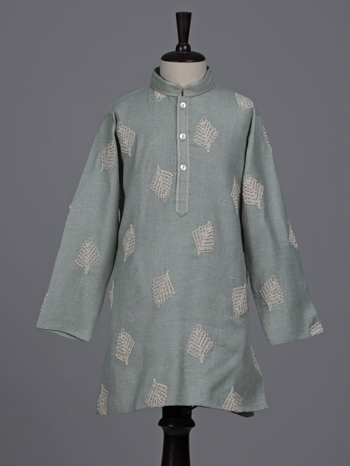 Pista green boys cotton linen kurta suit with thread work