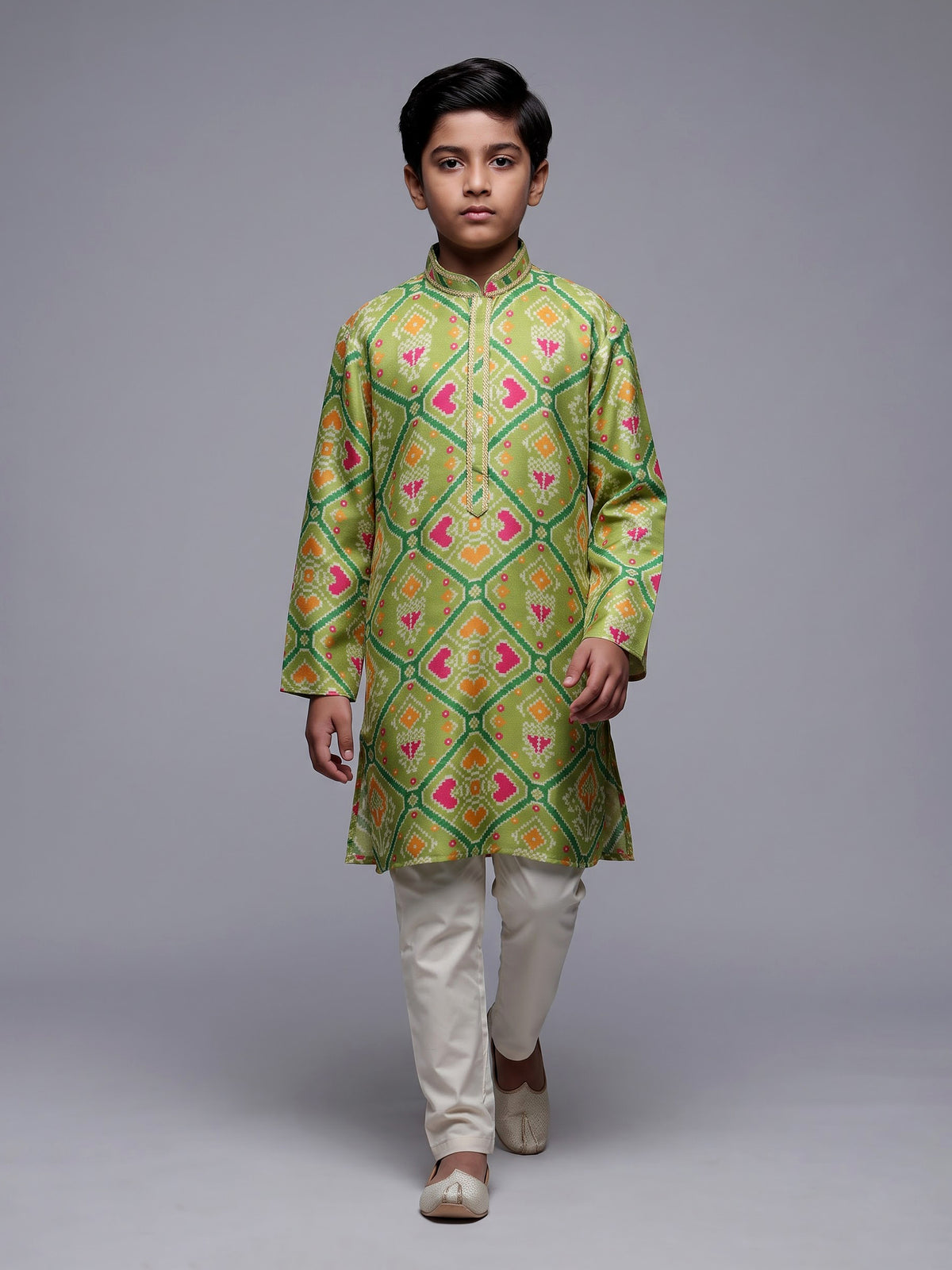 Pista green boys Patola kurta suit with elegant printed detailing