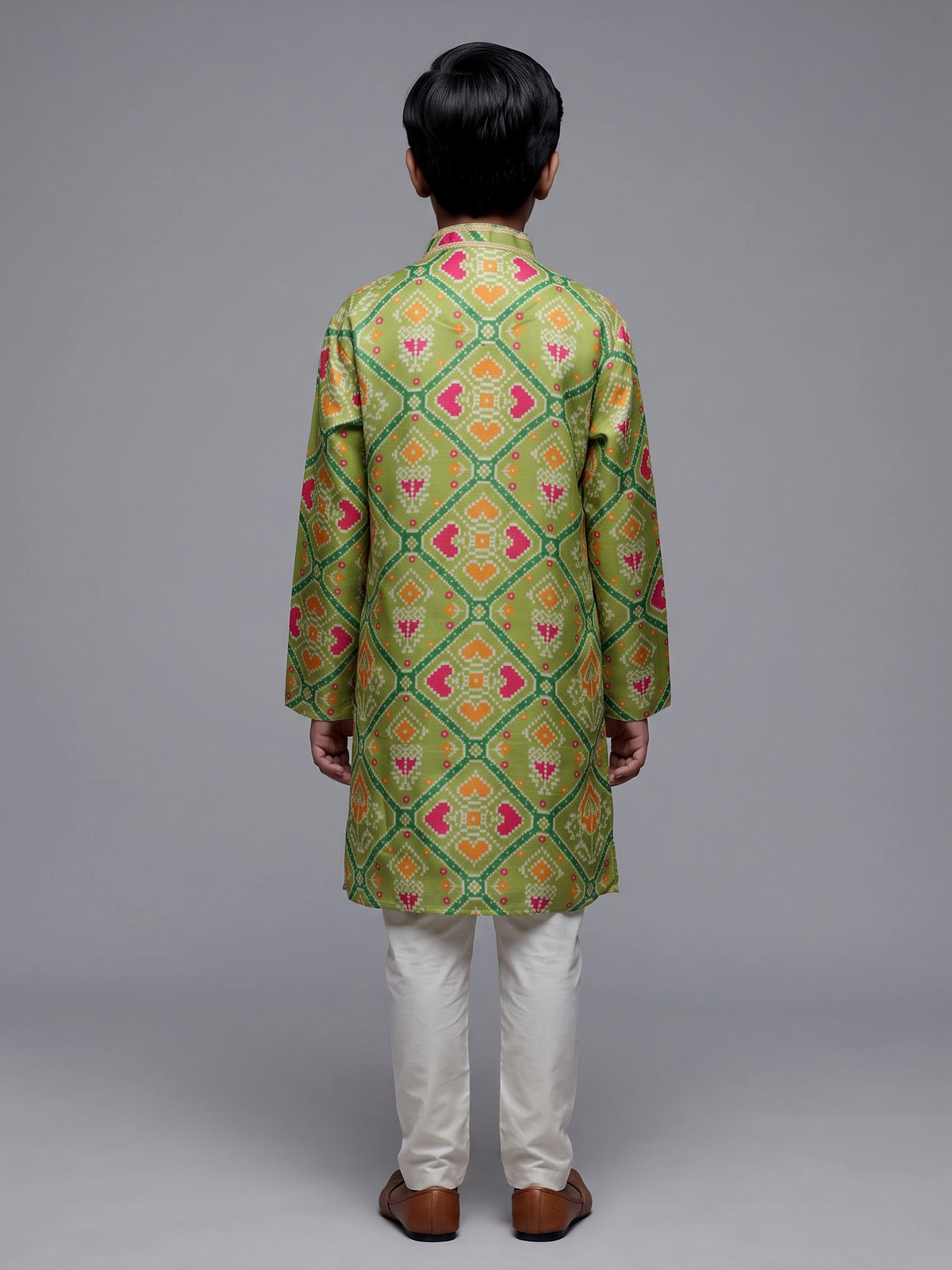 Pista green boys Patola kurta suit with elegant printed detailing