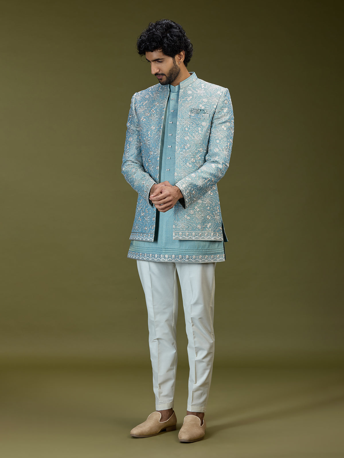 Firozi blue luxury art silk men indo western
