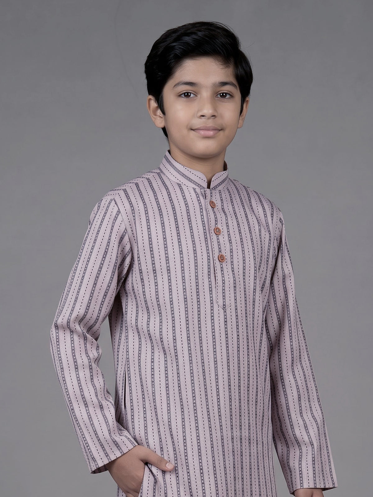 Fawn beige boys cotton blend kurta suit with stripe weaving