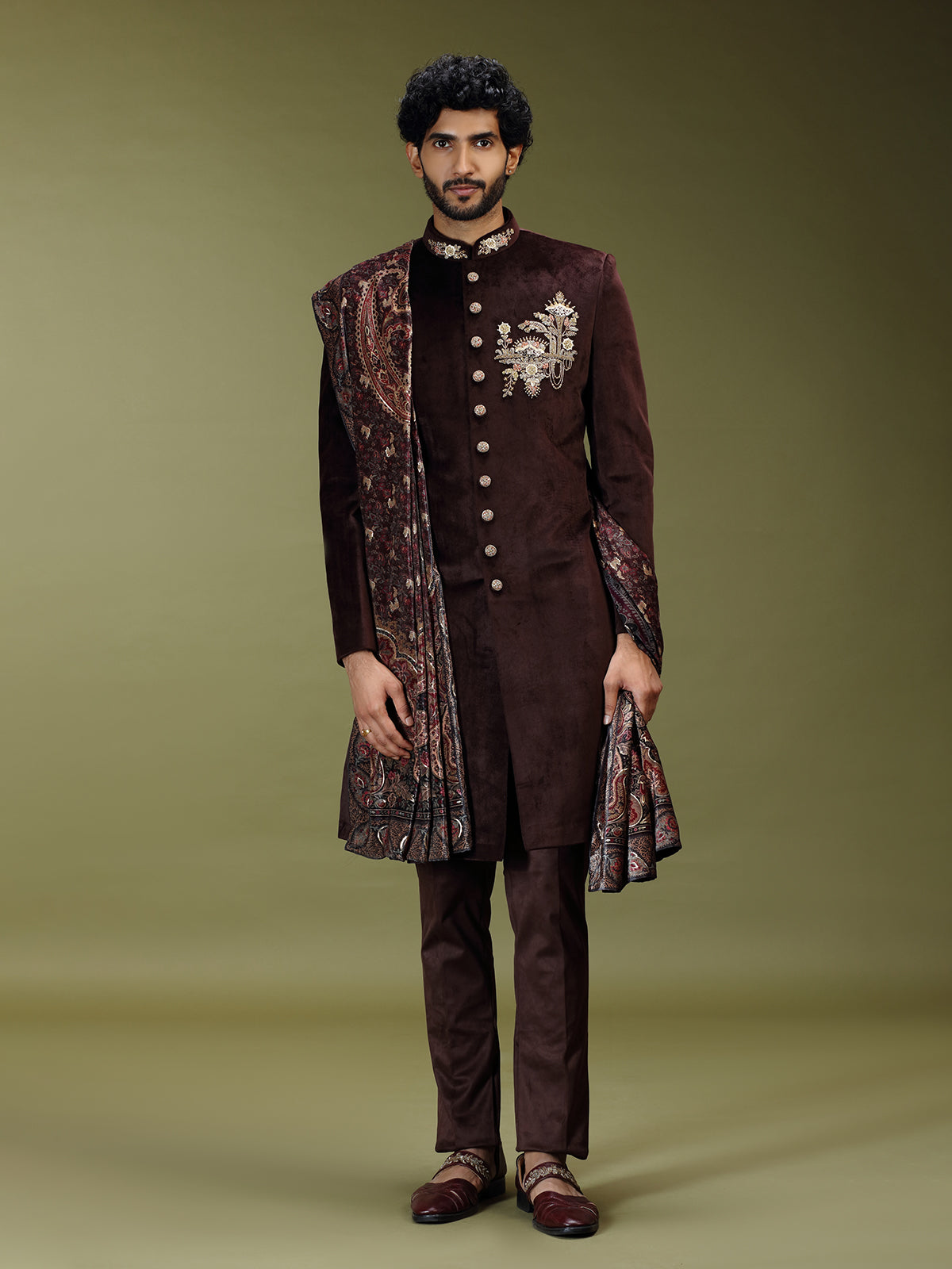 Pastel brown regal velvet silk men indo western with dupatta