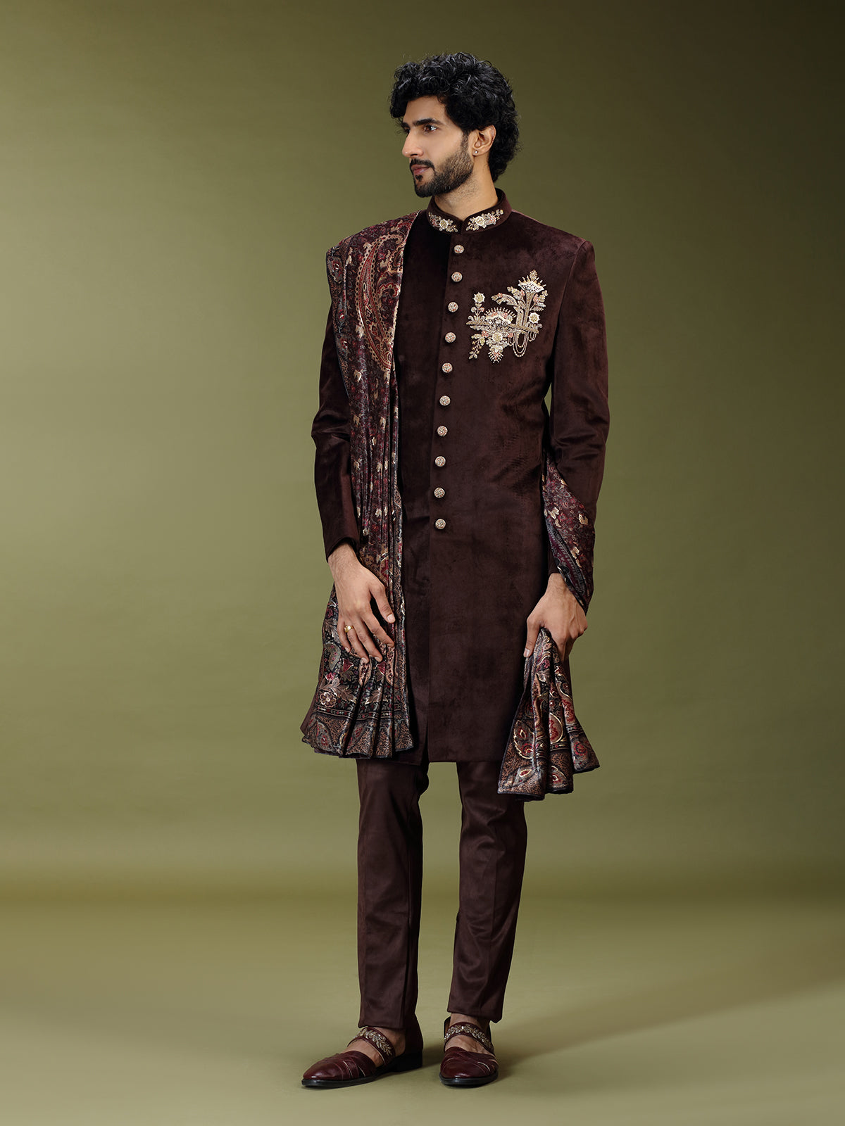 Pastel brown regal velvet silk men indo western with dupatta