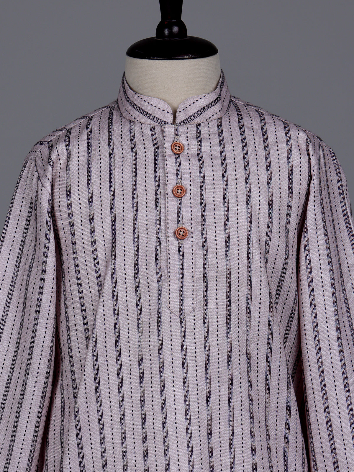 Fawn beige boys cotton blend kurta suit with stripe weaving