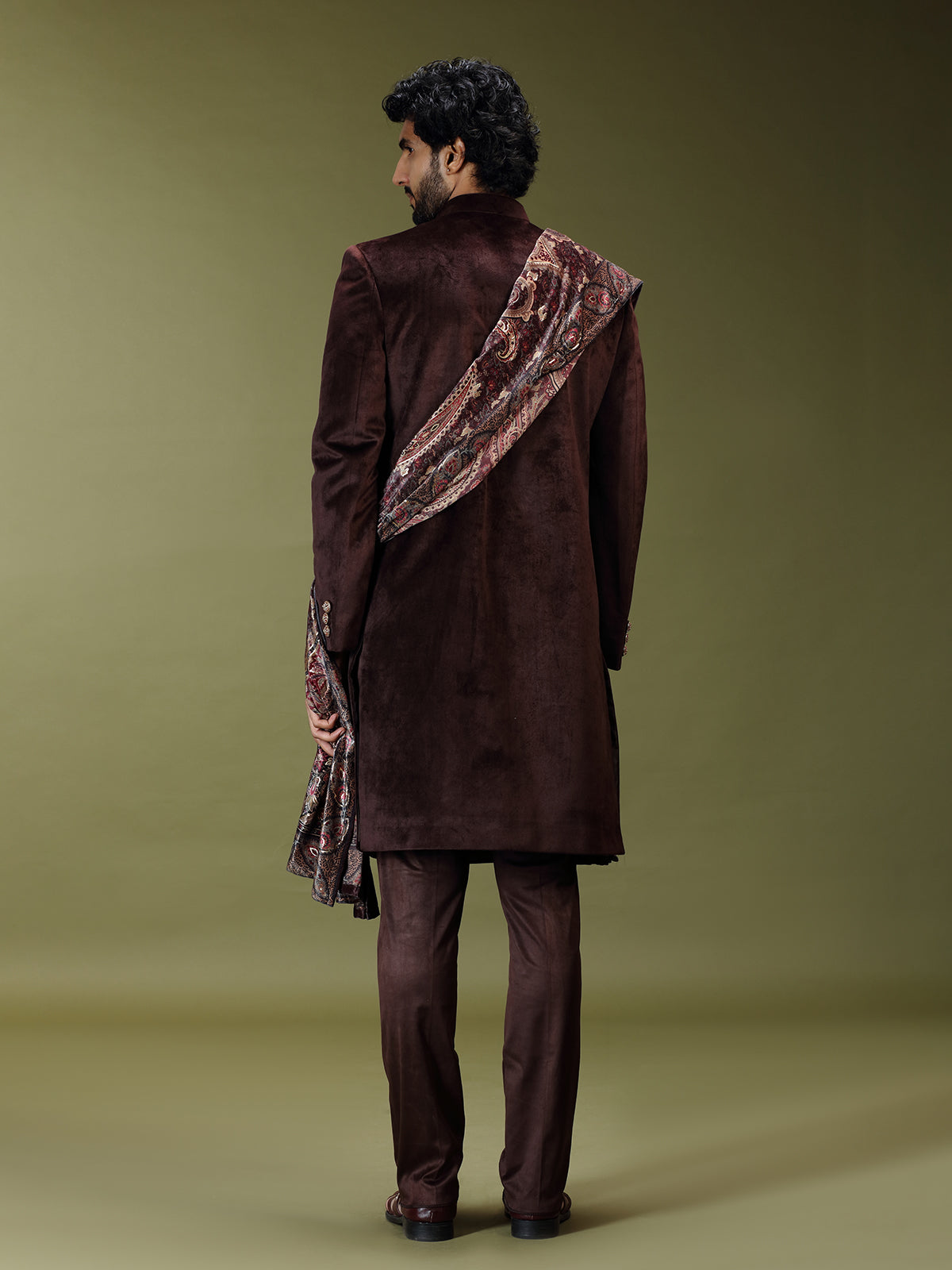Pastel brown regal velvet silk men indo western with dupatta