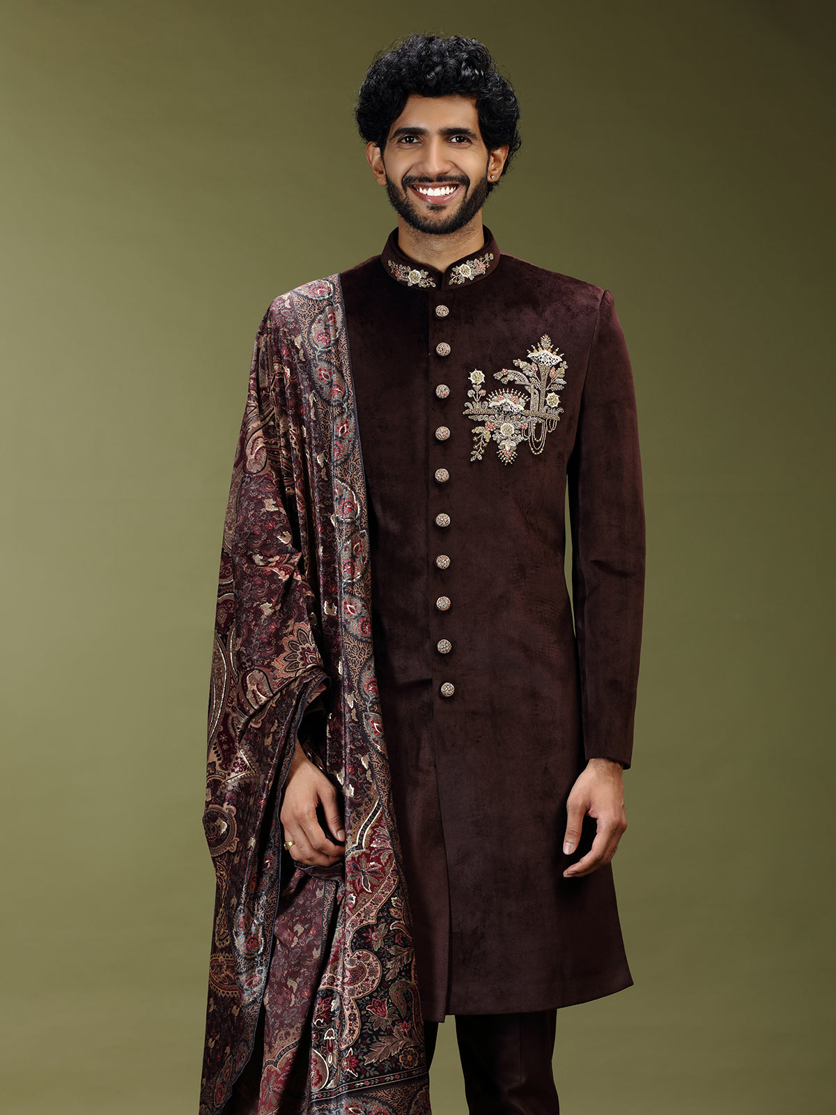 Pastel brown regal velvet silk men indo western with dupatta