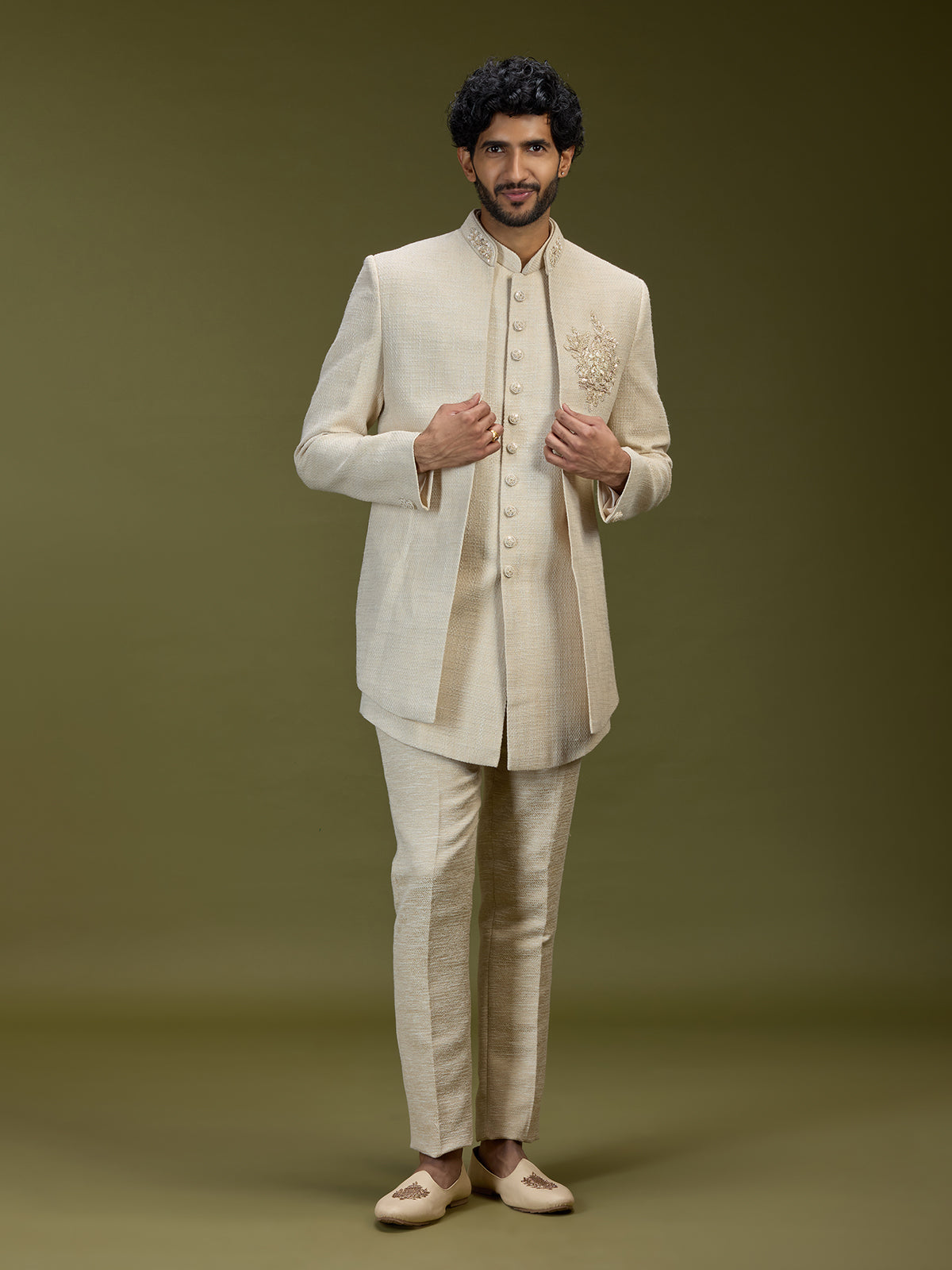 Cream luxurious jute men designer jacket indo western