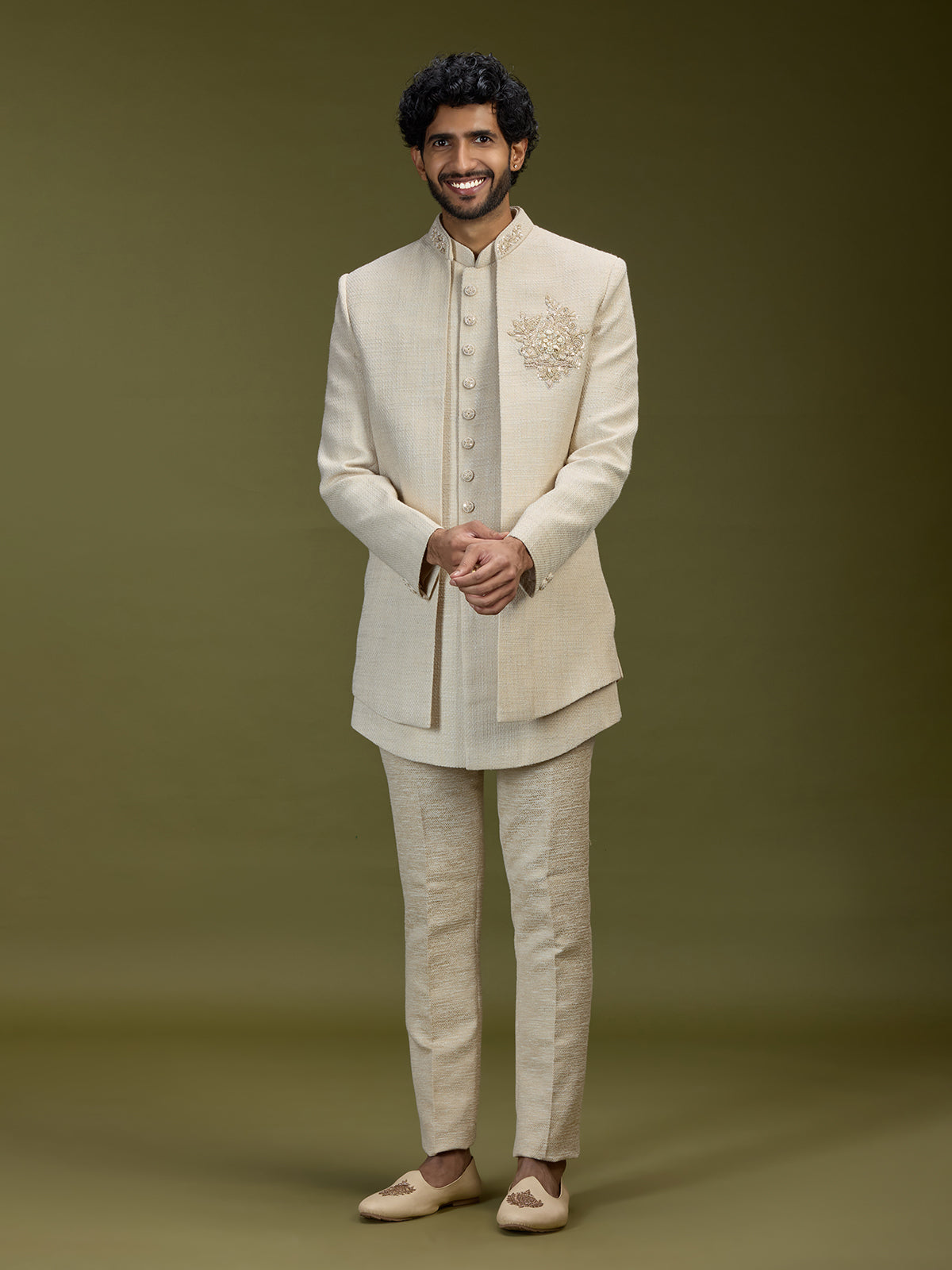 Cream luxurious jute men designer jacket indo western