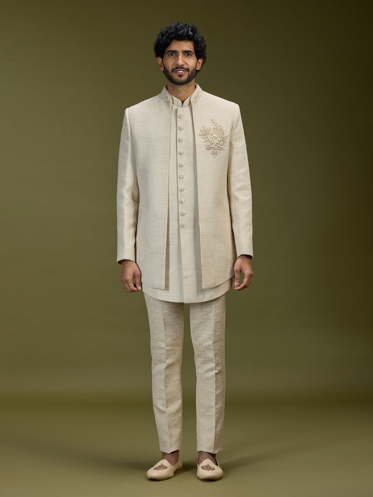 Cream luxurious jute men designer jacket indo western