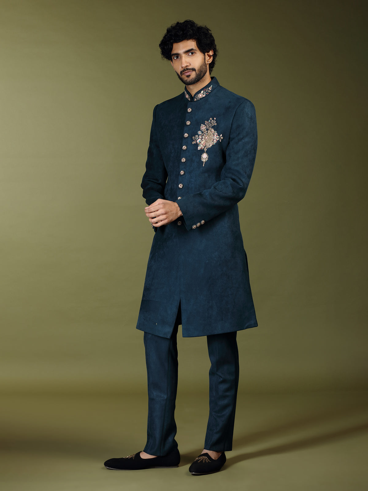 Deep navy royal velvet silk men indo western