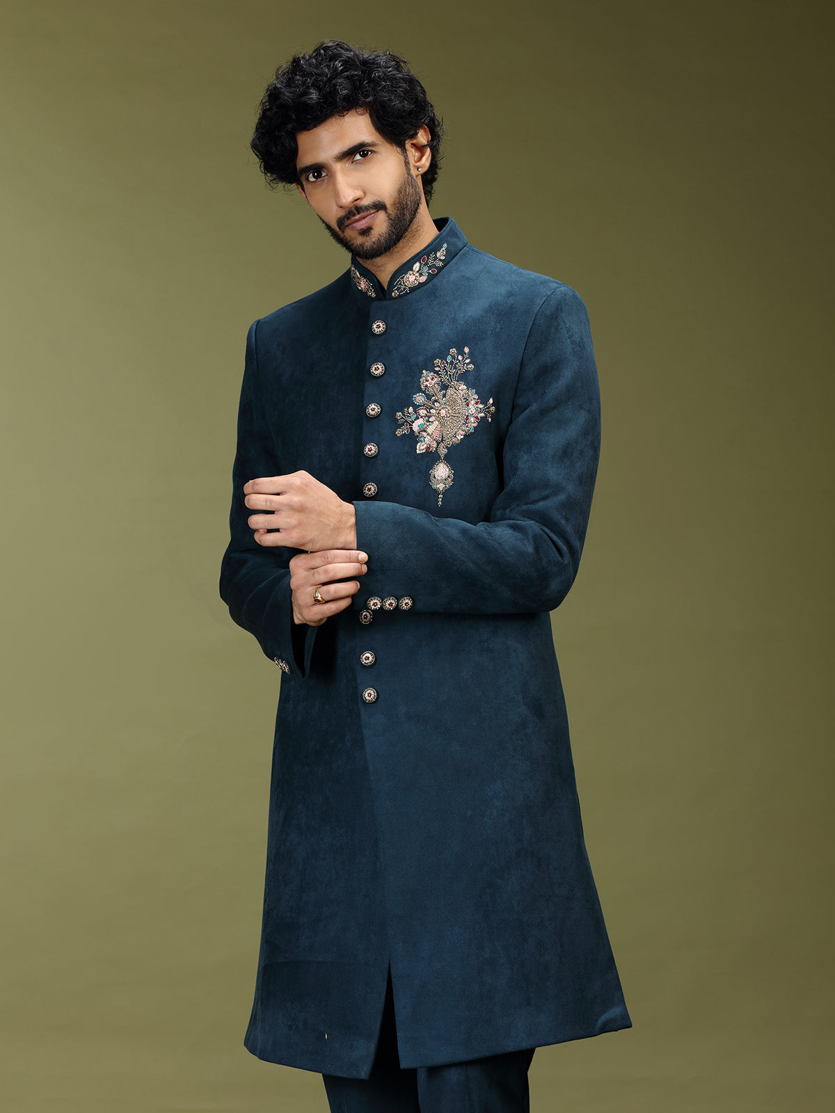 Deep navy royal velvet silk men indo western