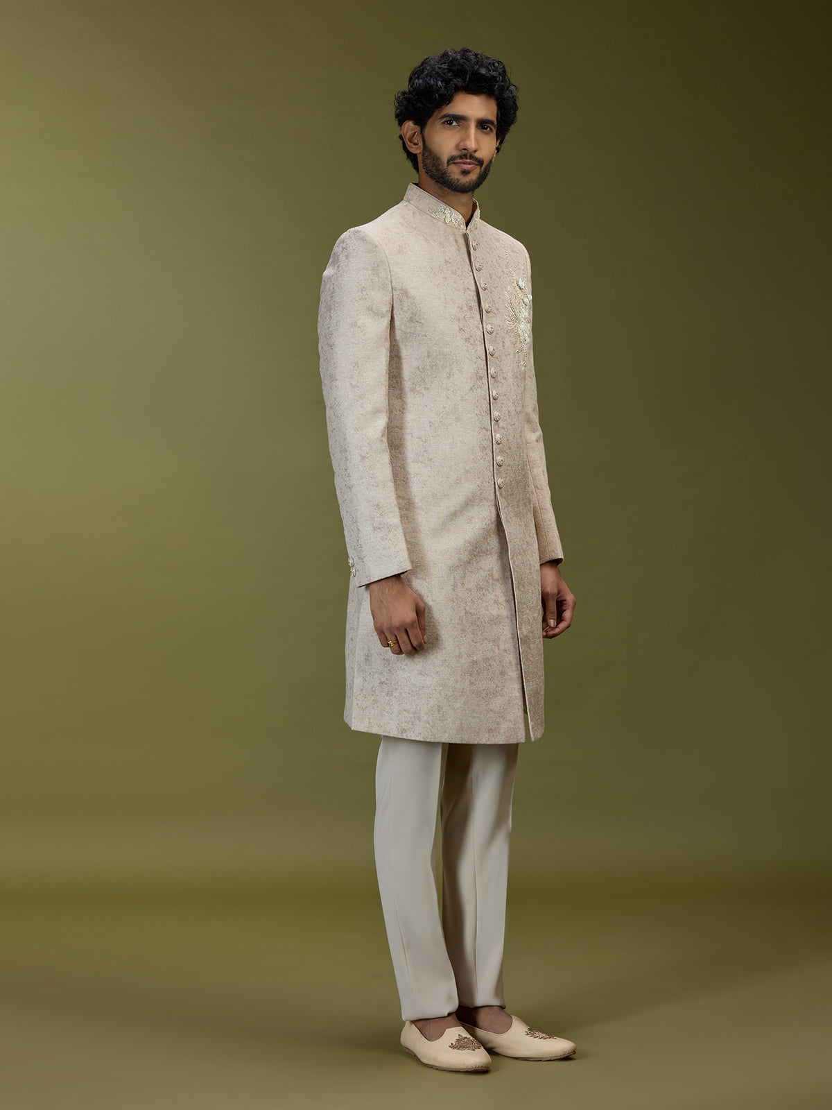 Cream opulent jacquard silk men indo western