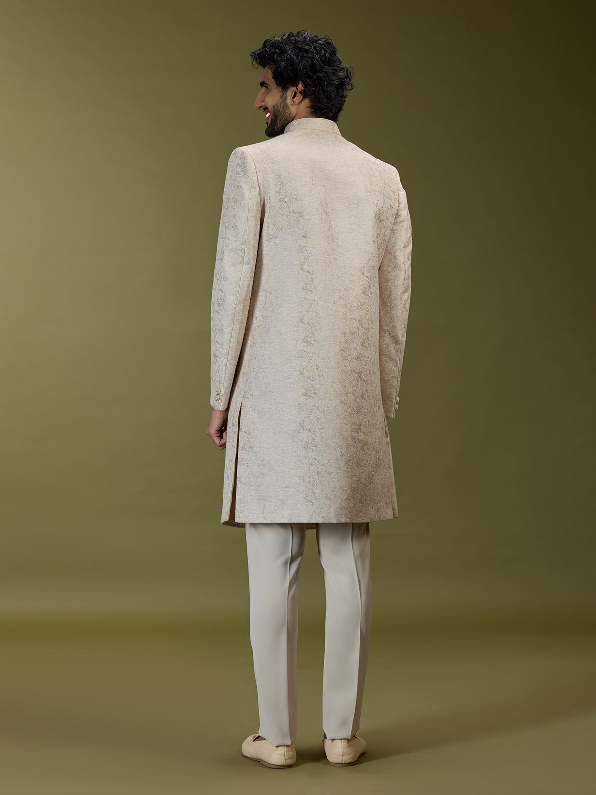 Cream opulent jacquard silk men indo western