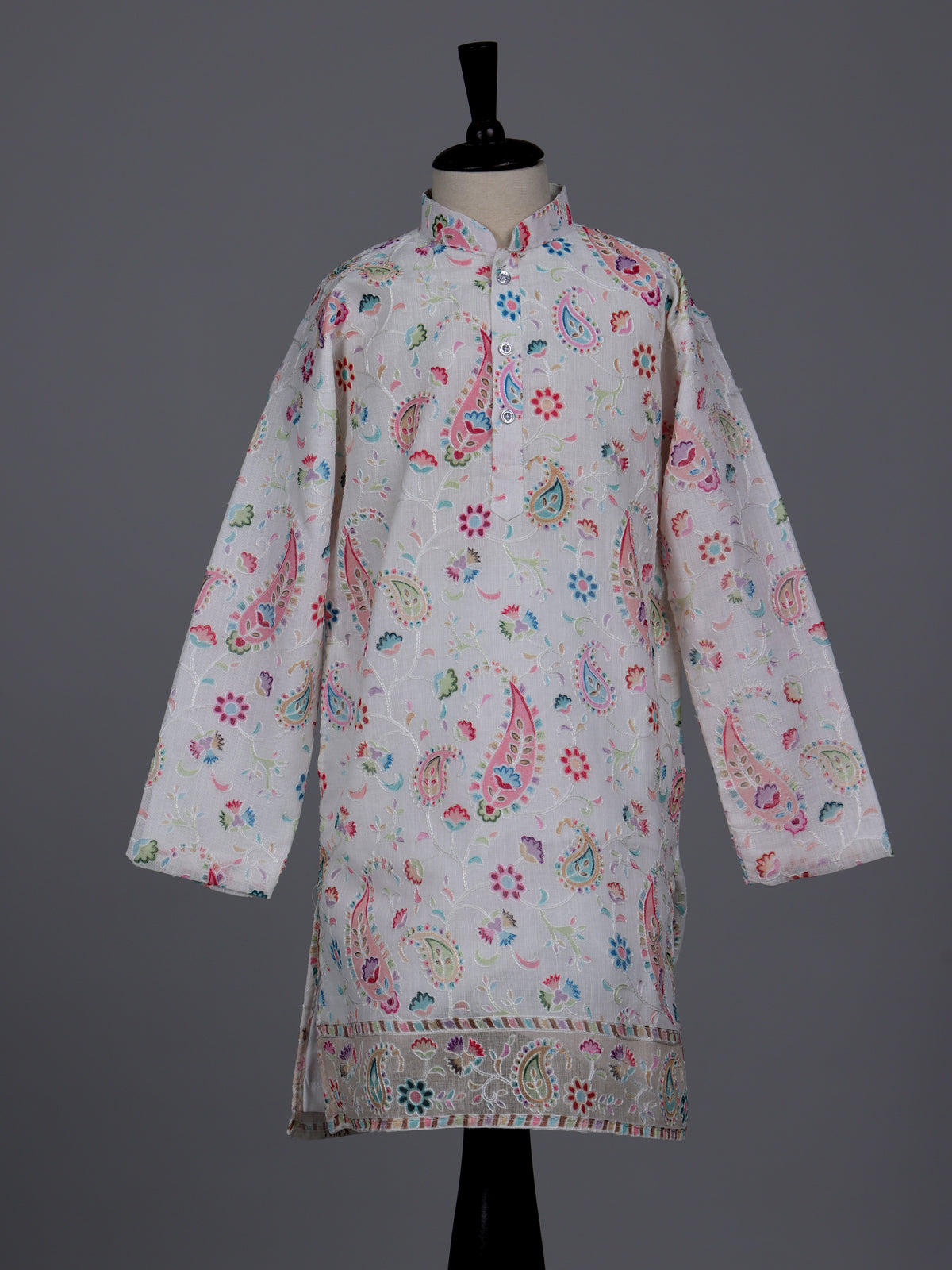 Cream boys cotton linen kurta suit with floral thread detailing