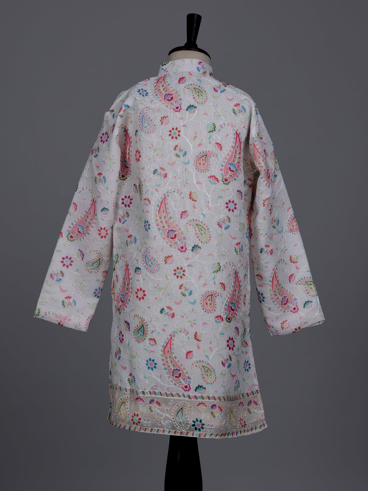 Cream boys cotton linen kurta suit with floral thread detailing