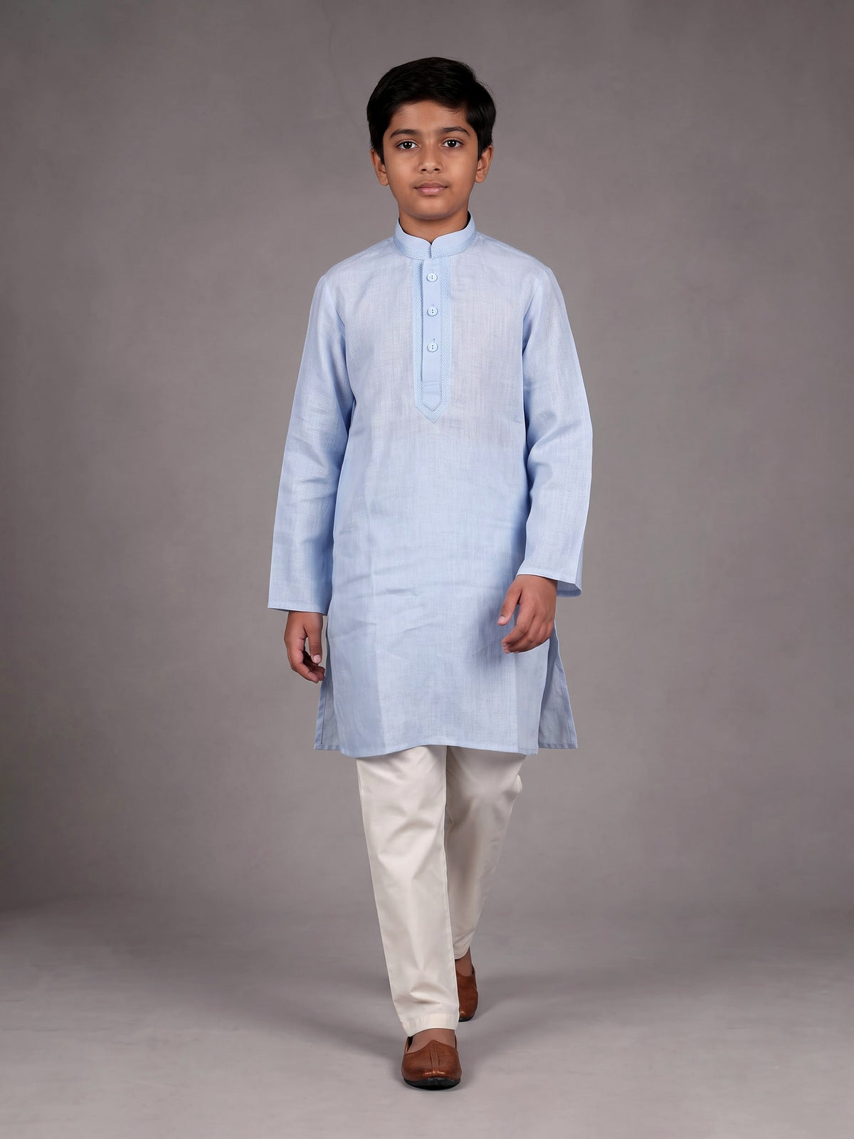 Mint blue boys cotton linen kurta suit with solid pattern