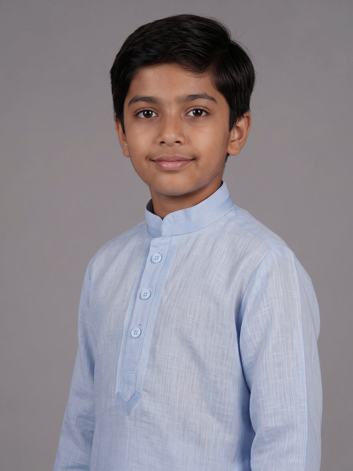 Mint blue boys cotton linen kurta suit with solid pattern