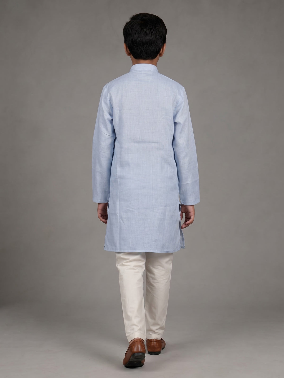 Mint blue boys cotton linen kurta suit with solid pattern