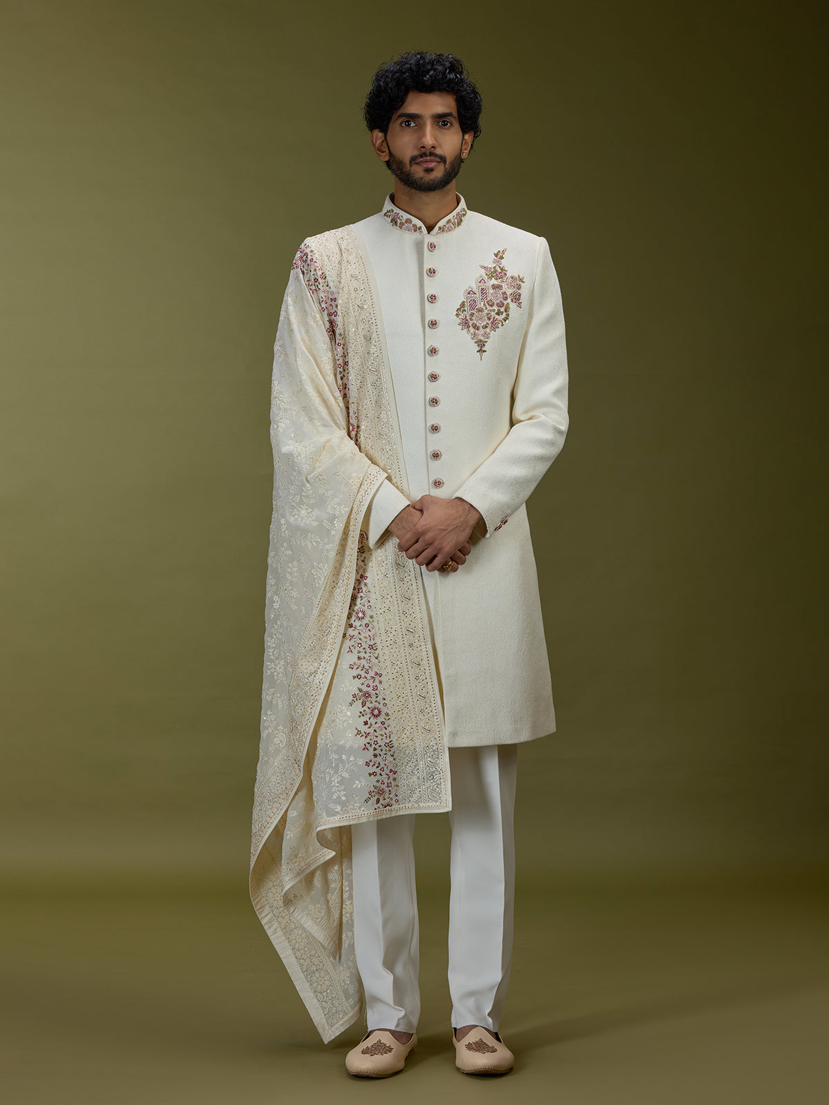 Off white elegant cotton silk men indo western with dupatta