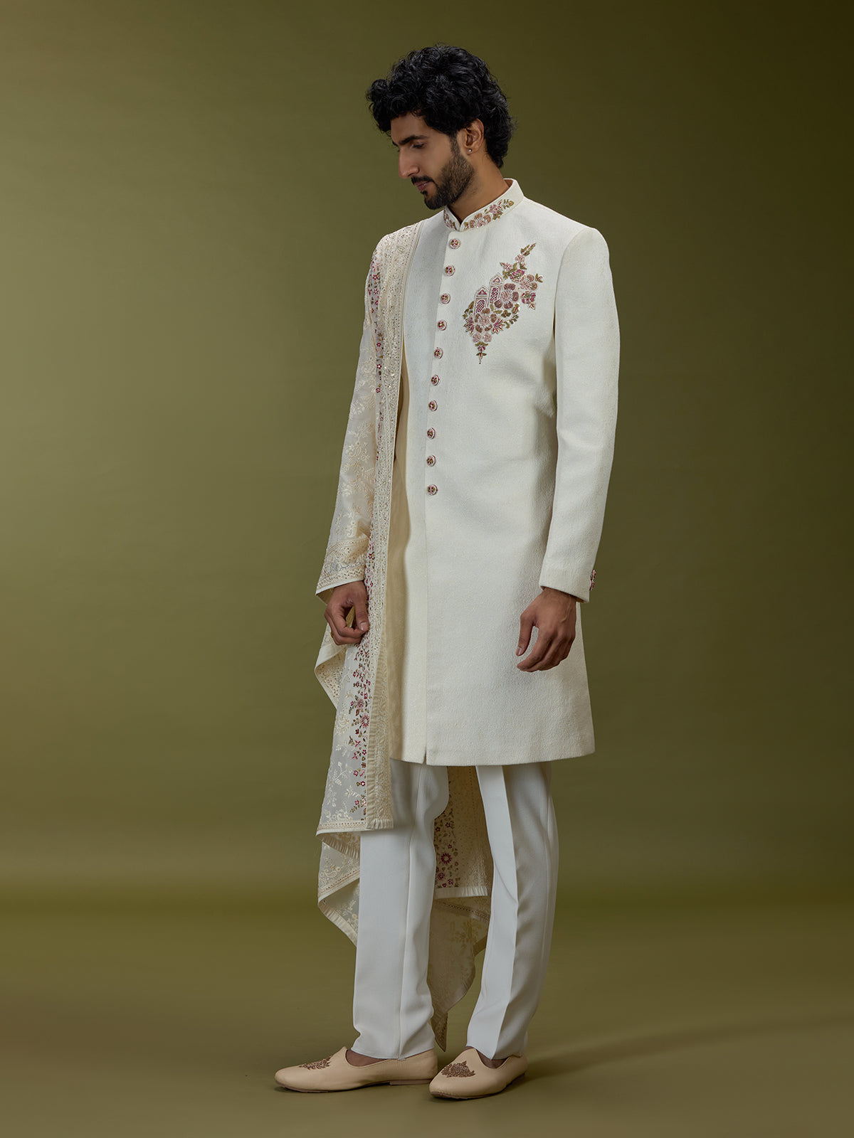 Off white elegant cotton silk men indo western with dupatta