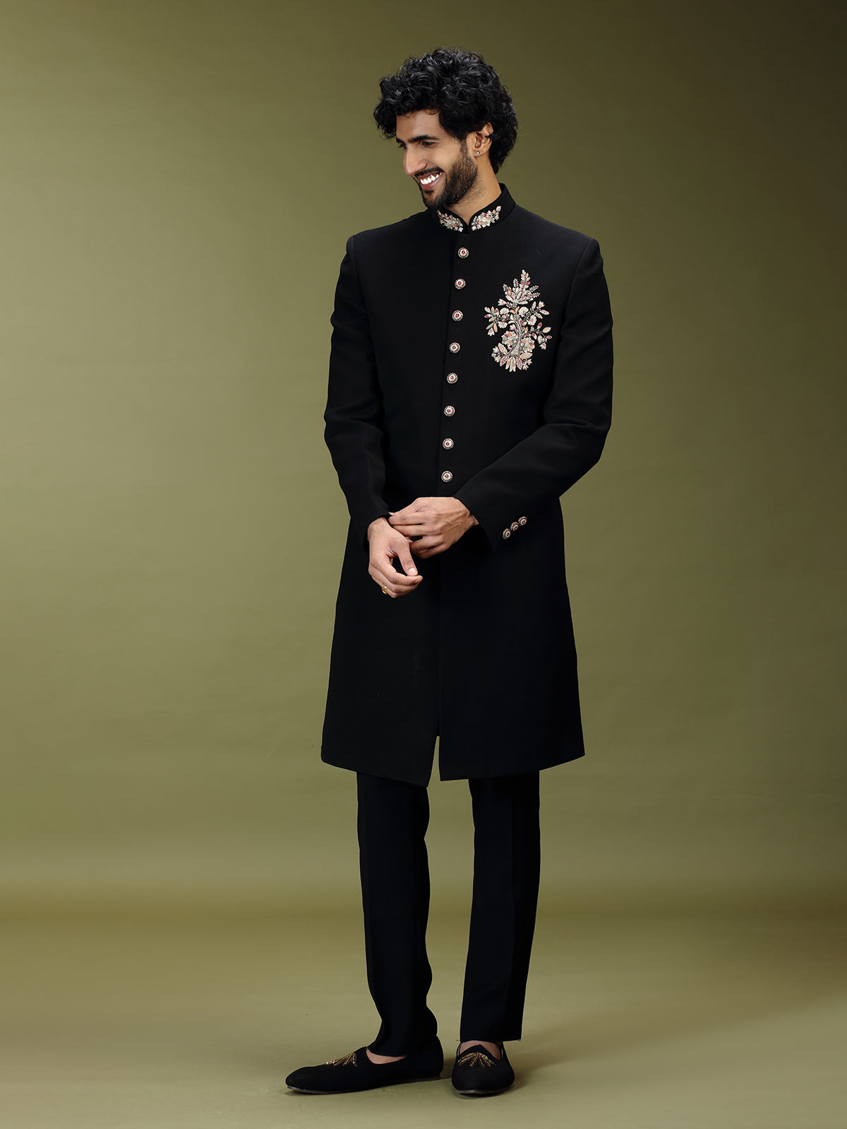 Black exquisite polyester viscose men indo western