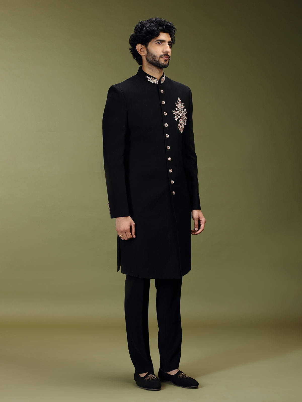 Black exquisite polyester viscose men indo western
