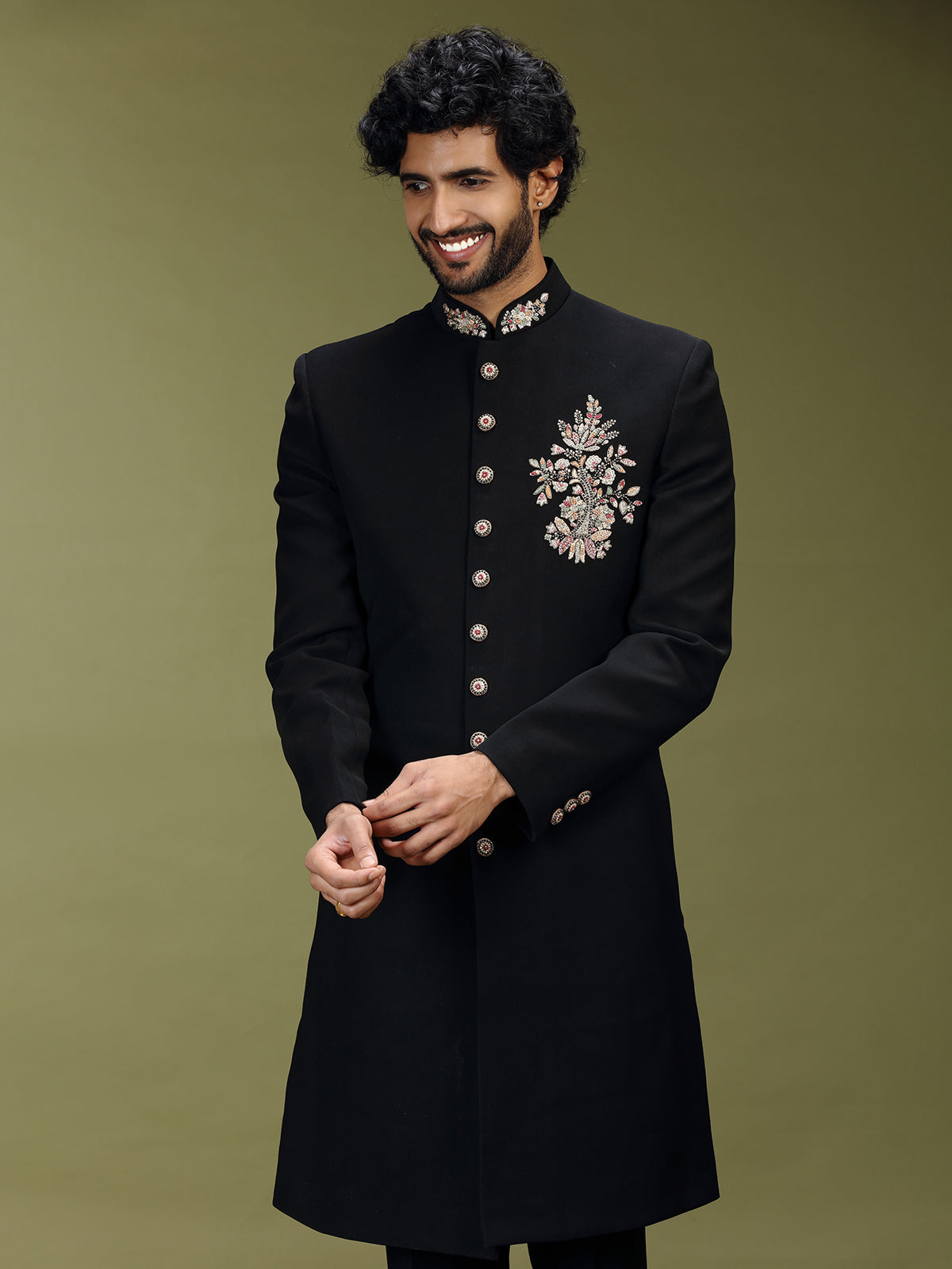 Black exquisite polyester viscose men indo western