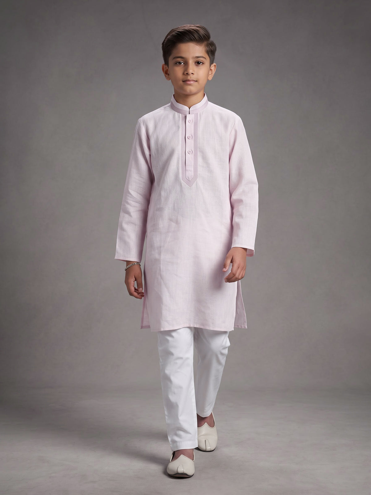 Light pink boys cotton linen kurta suit with solid pattern