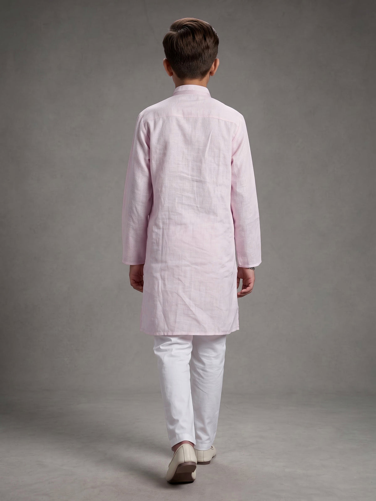 Light pink boys cotton linen kurta suit with solid pattern