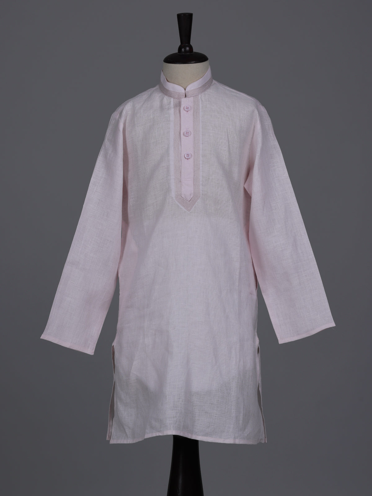 Light pink boys cotton linen kurta suit with solid pattern