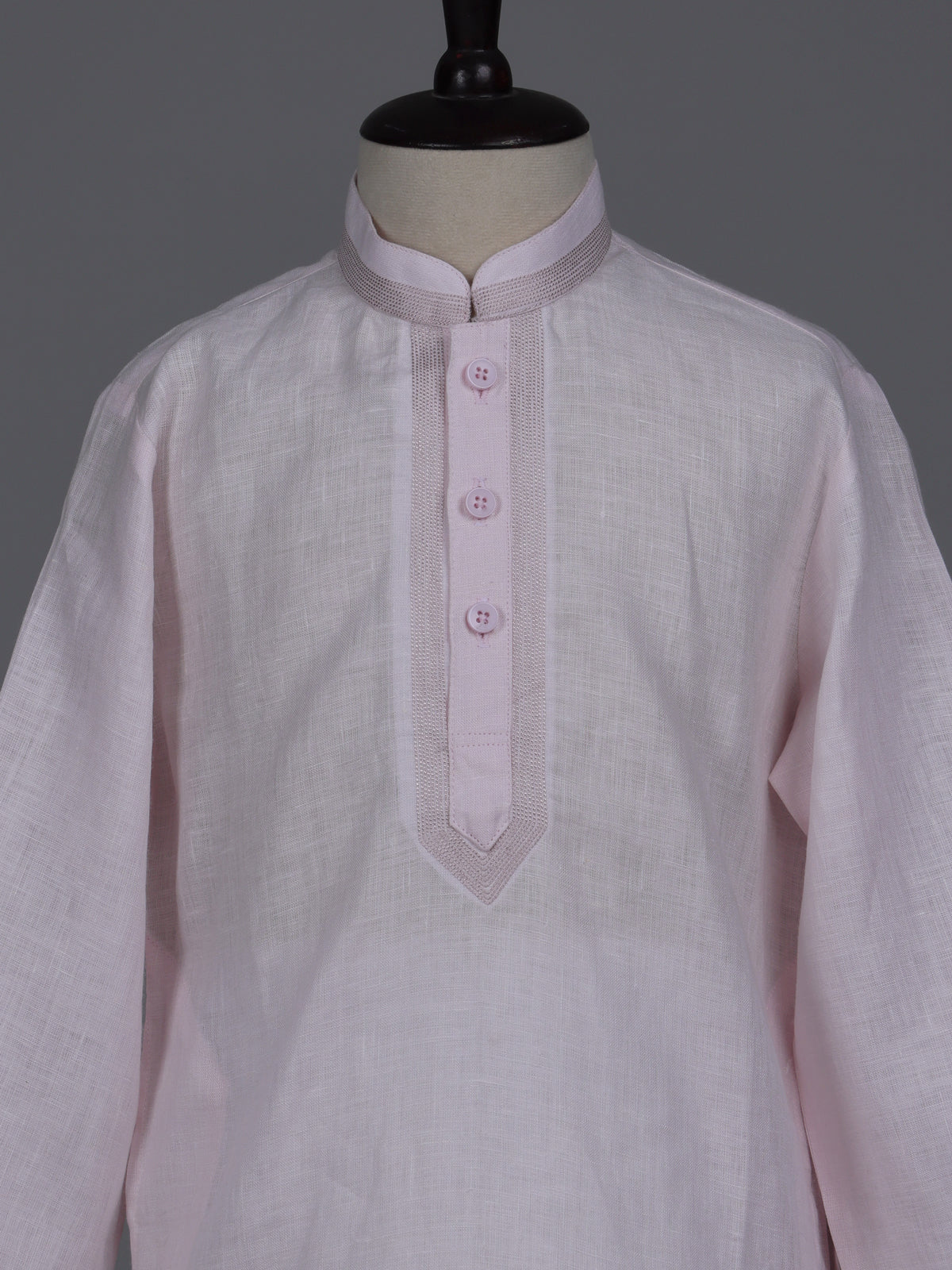 Light pink boys cotton linen kurta suit with solid pattern