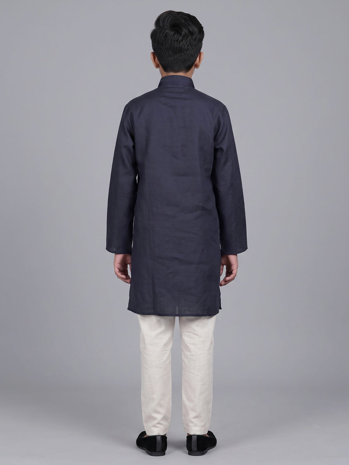 Navy blue boys cotton linen kurta suit with solid pattern