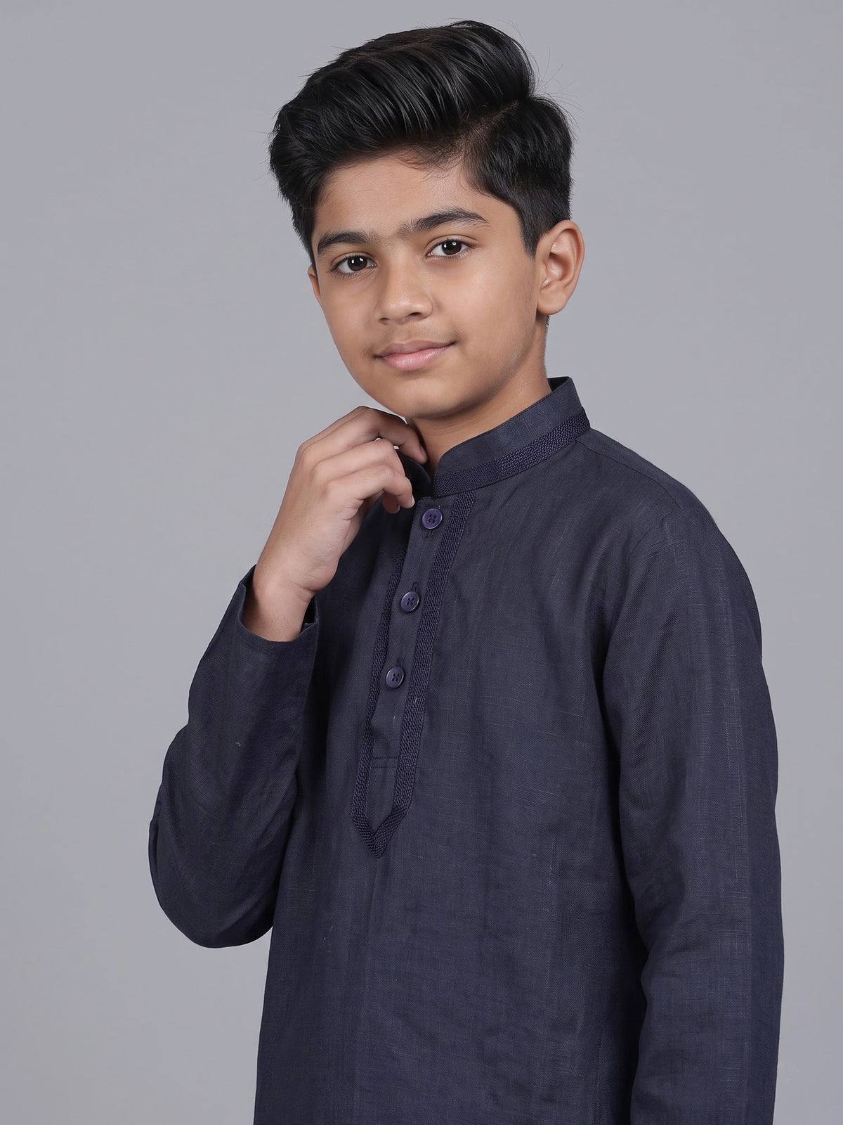 Navy blue boys cotton linen kurta suit with solid pattern