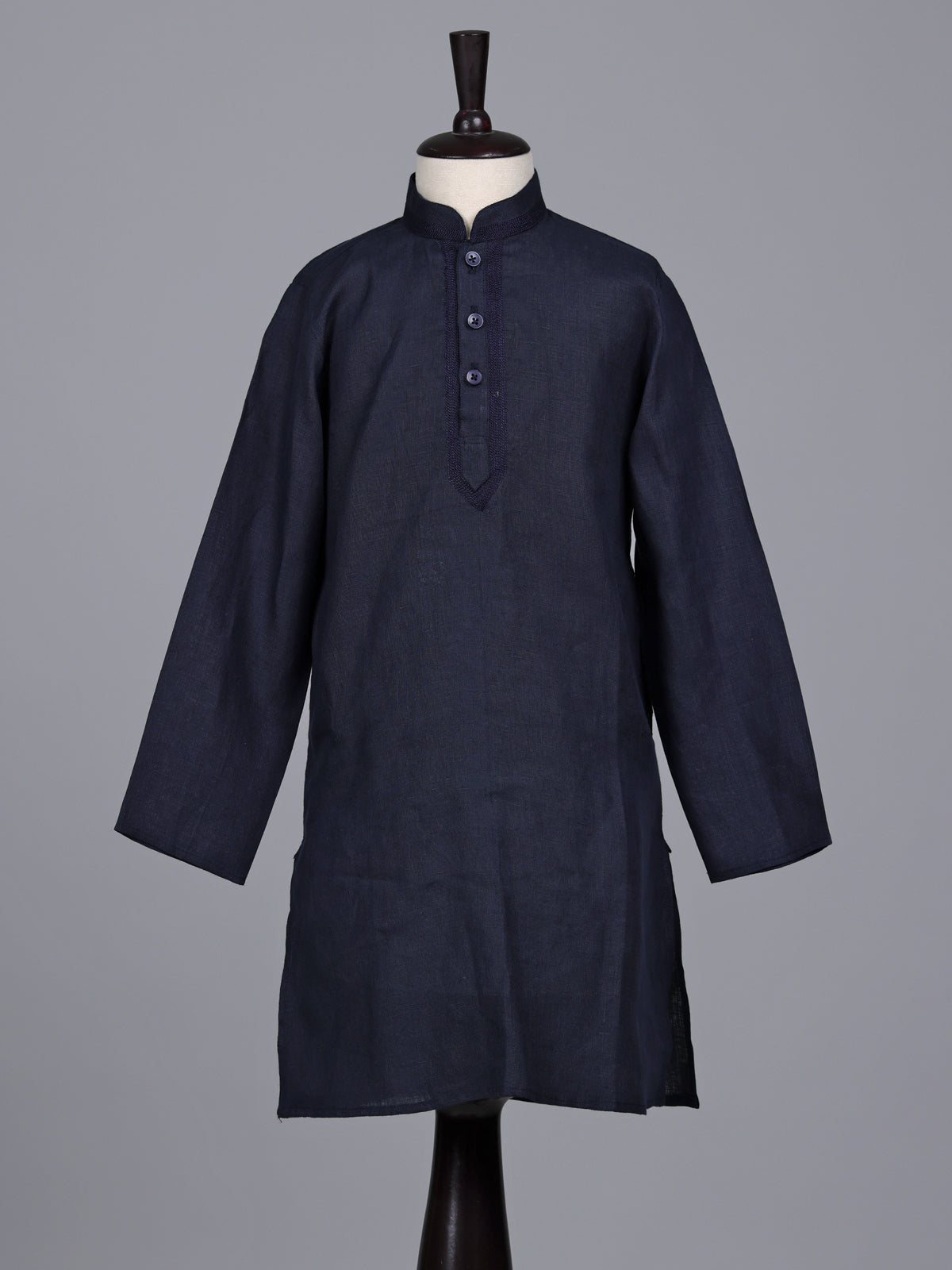 Navy blue boys cotton linen kurta suit with solid pattern