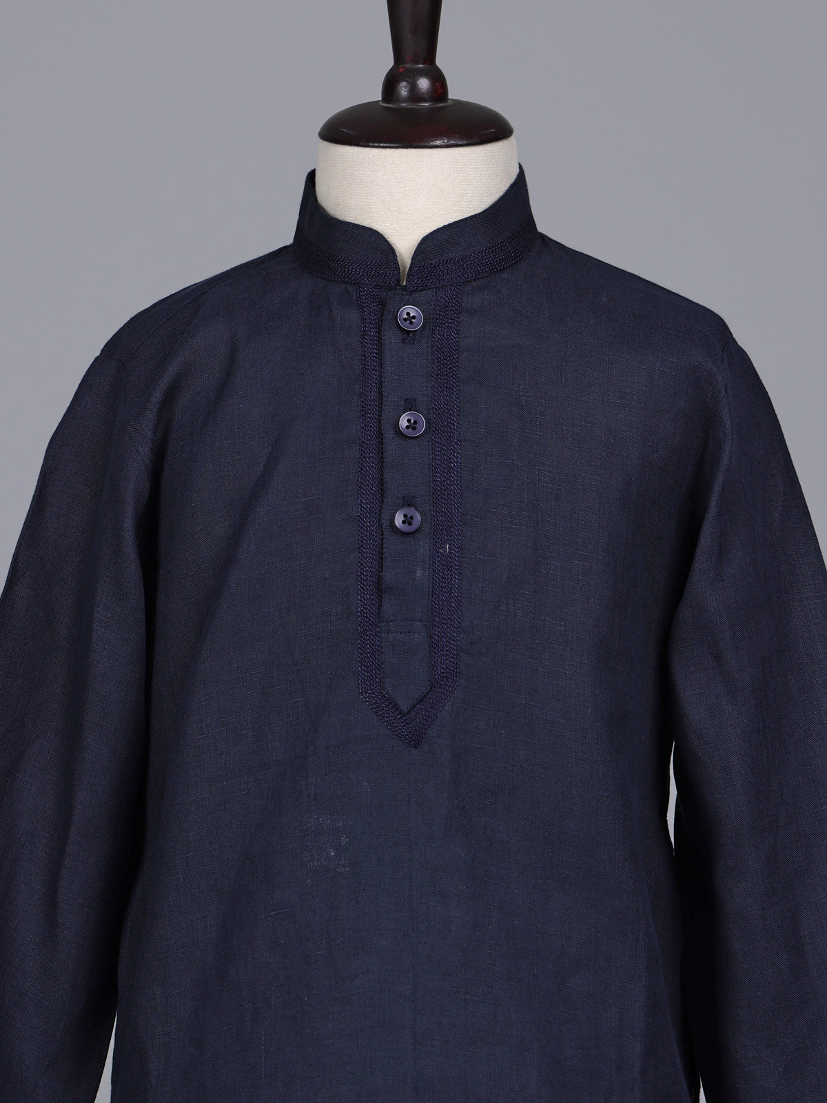 Navy blue boys cotton linen kurta suit with solid pattern