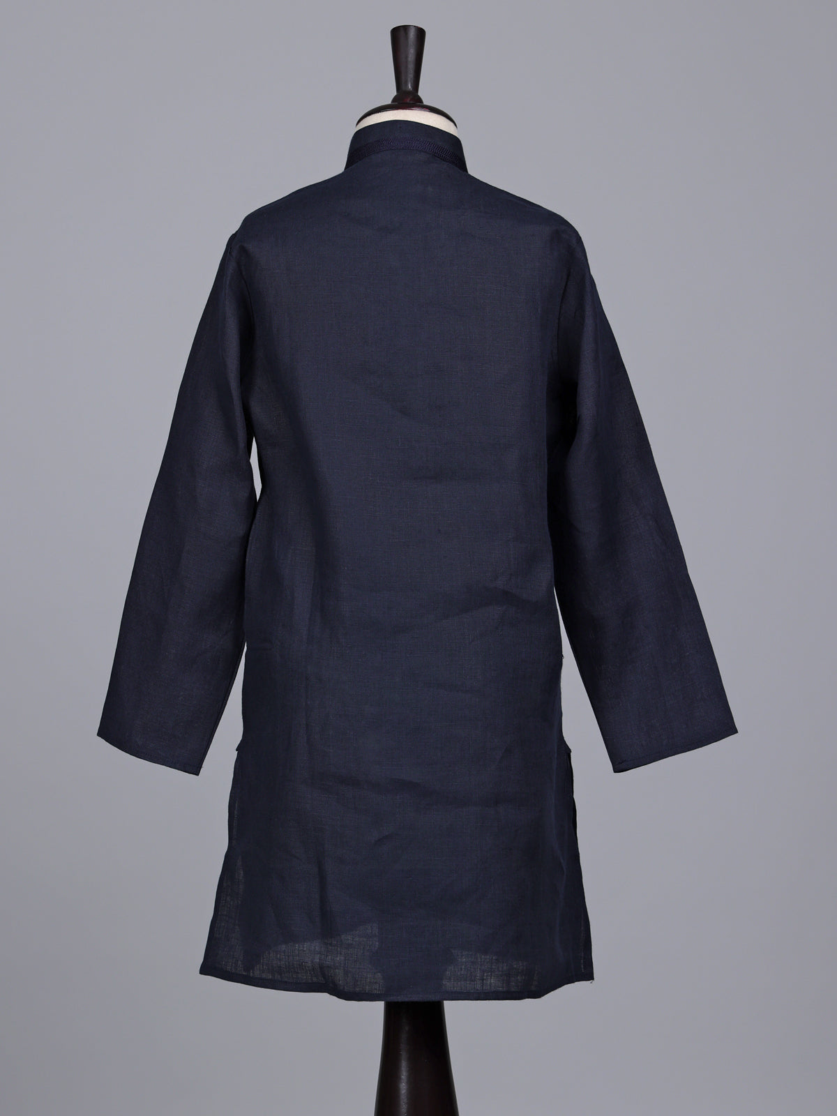 Navy blue boys cotton linen kurta suit with solid pattern