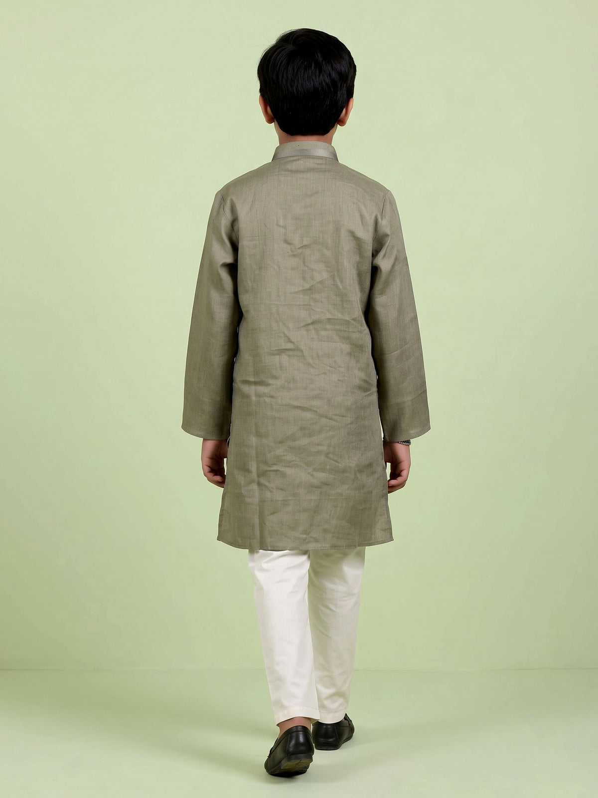 Mehendi green boys cotton linen kurta suit with solid pattern