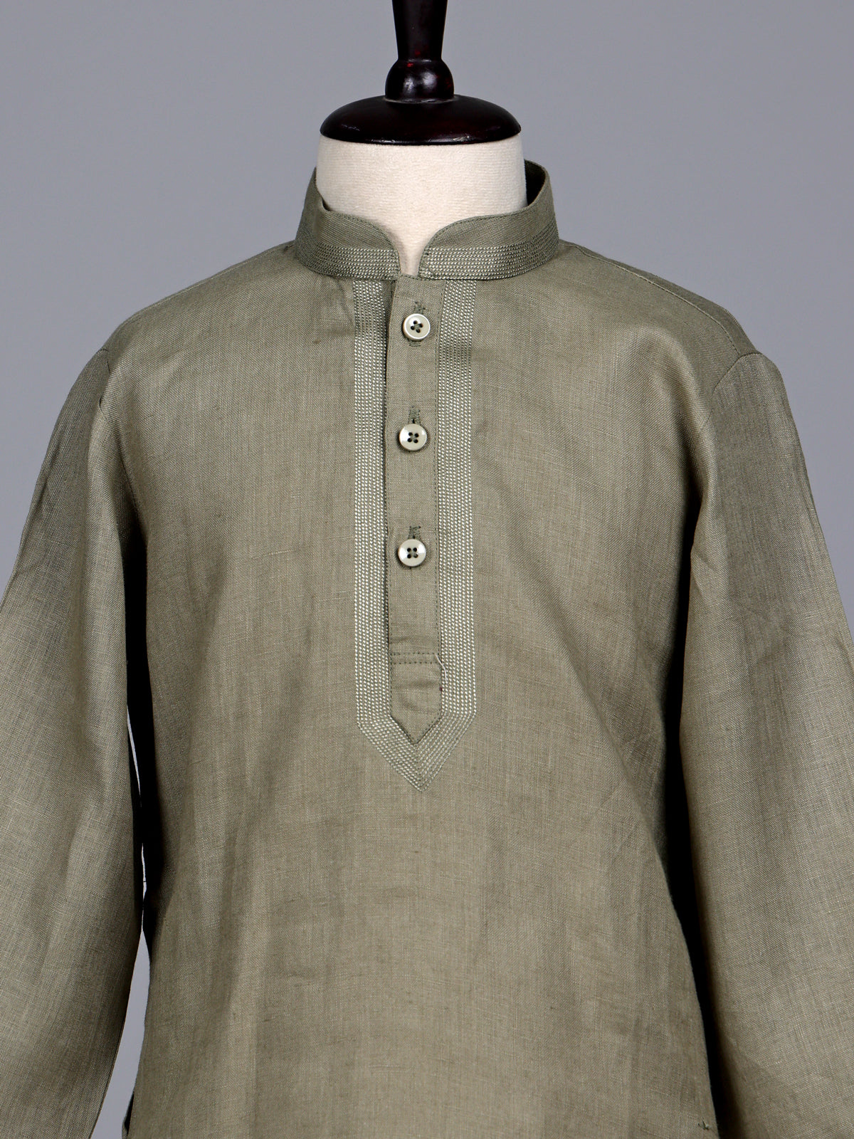 Mehendi green boys cotton linen kurta suit with solid pattern