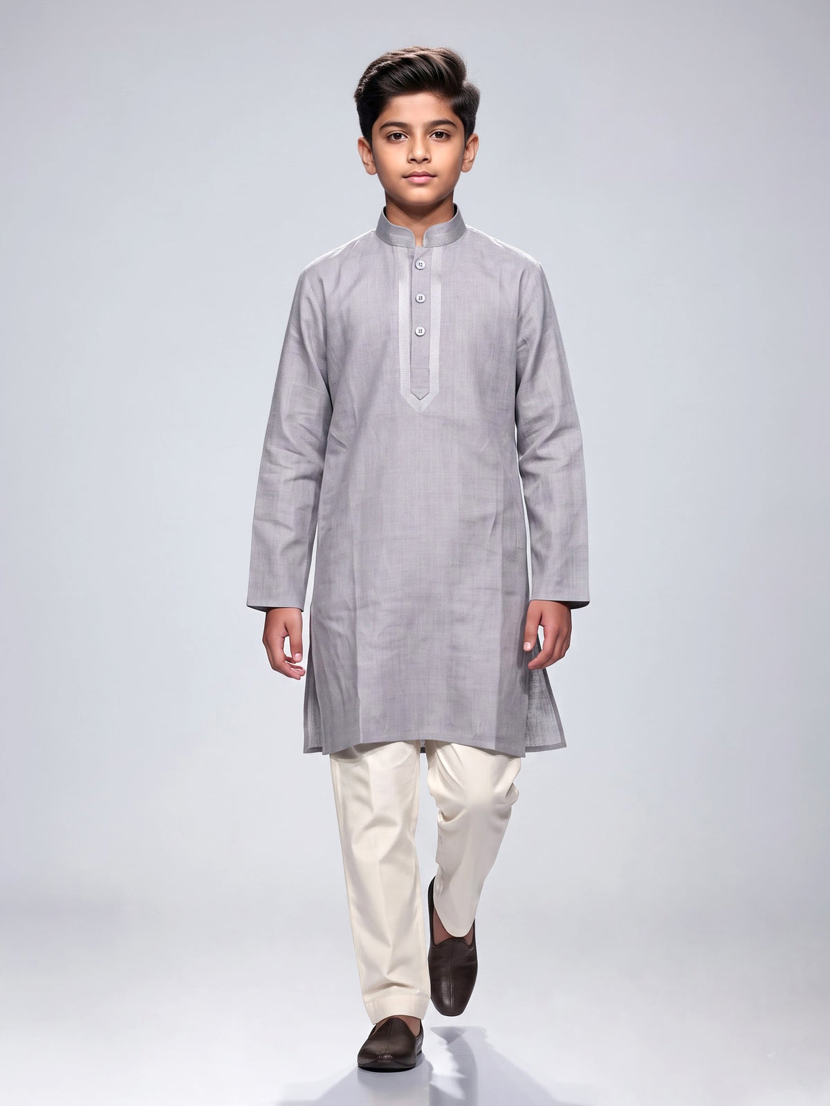 Grey boys cotton linen kurta suit with elegant solid pattern