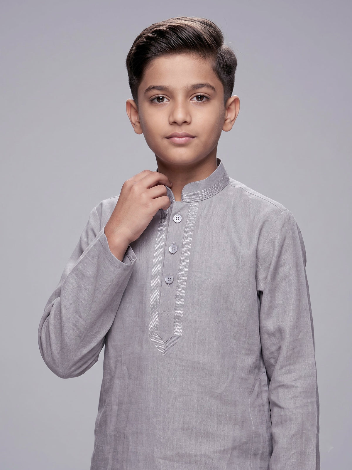 Grey boys cotton linen kurta suit with elegant solid pattern