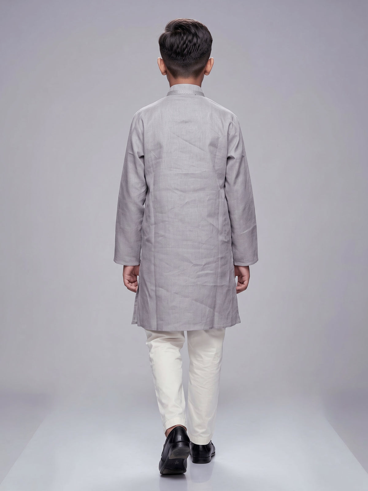 Grey boys cotton linen kurta suit with elegant solid pattern