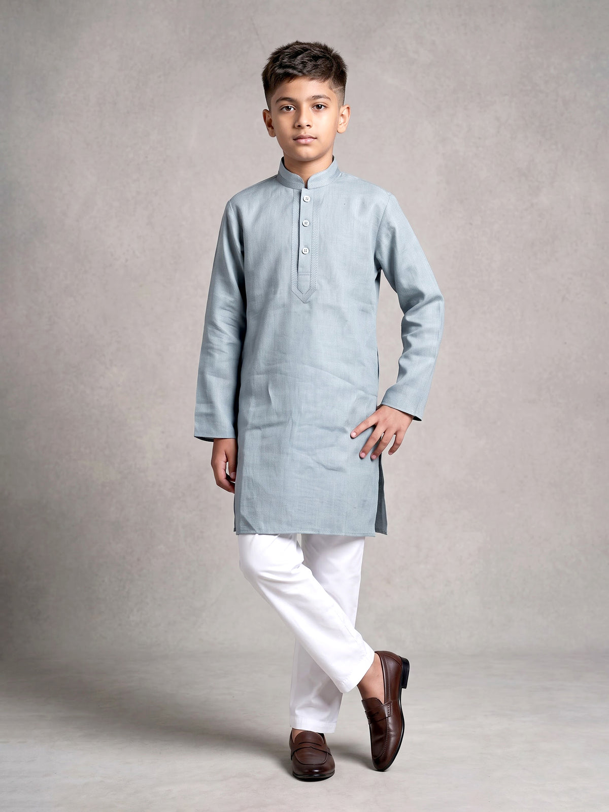Mint green boys cotton linen kurta suit with solid pattern