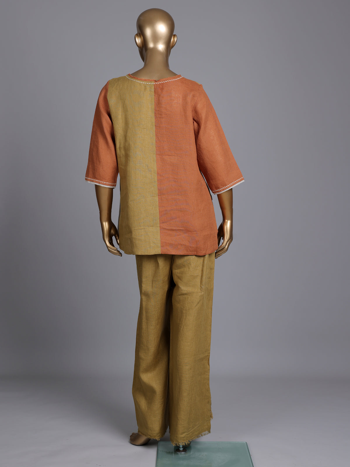 Khaki linen women co ord set with thread detailing and palazzo