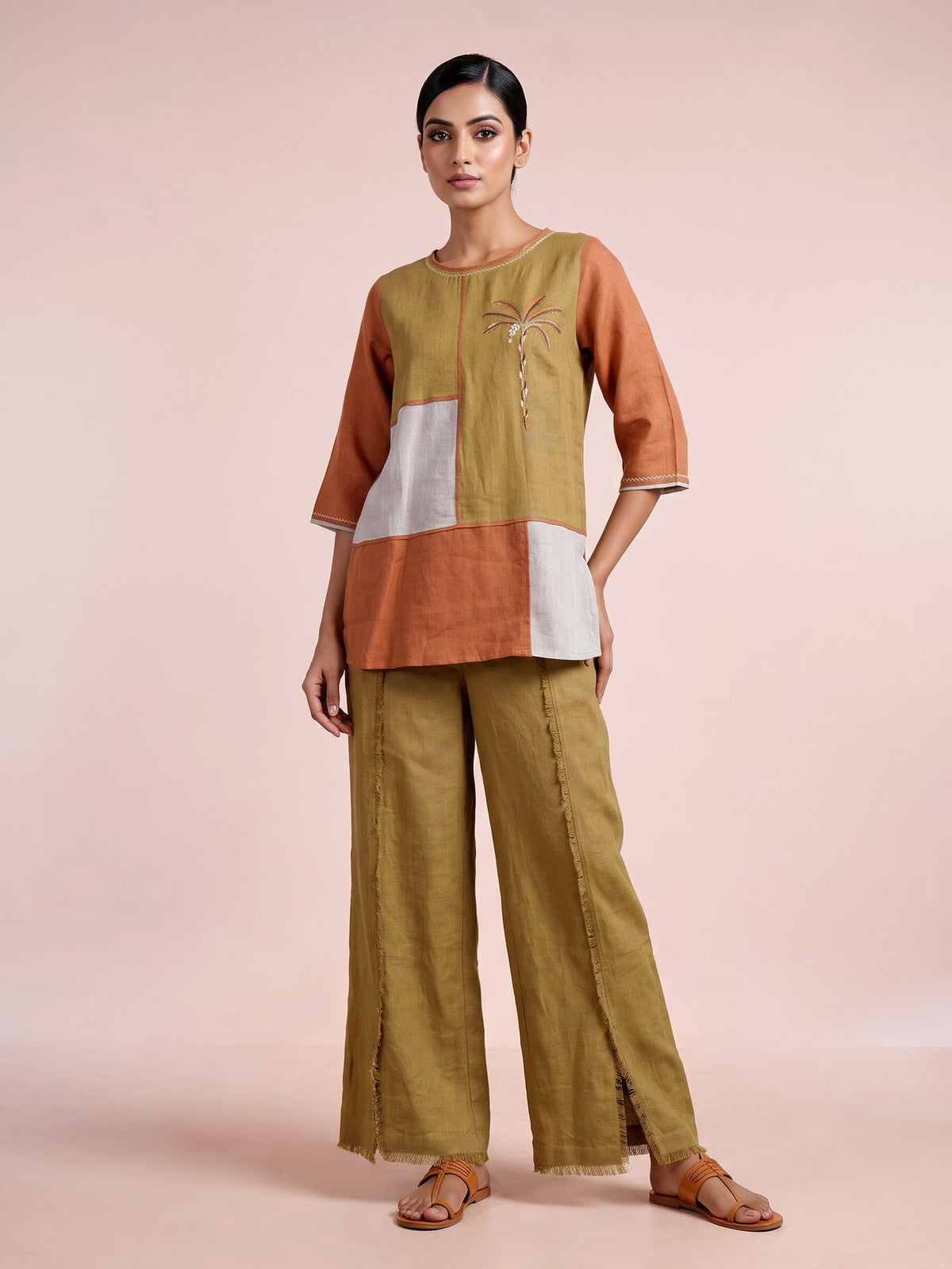 Khaki linen women co ord set with thread detailing and palazzo