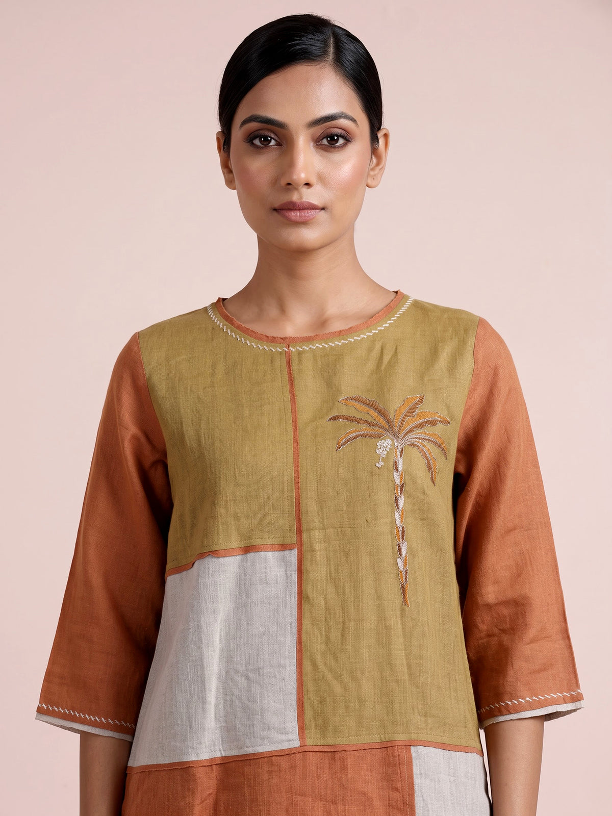 Khaki linen women co ord set with thread detailing and palazzo