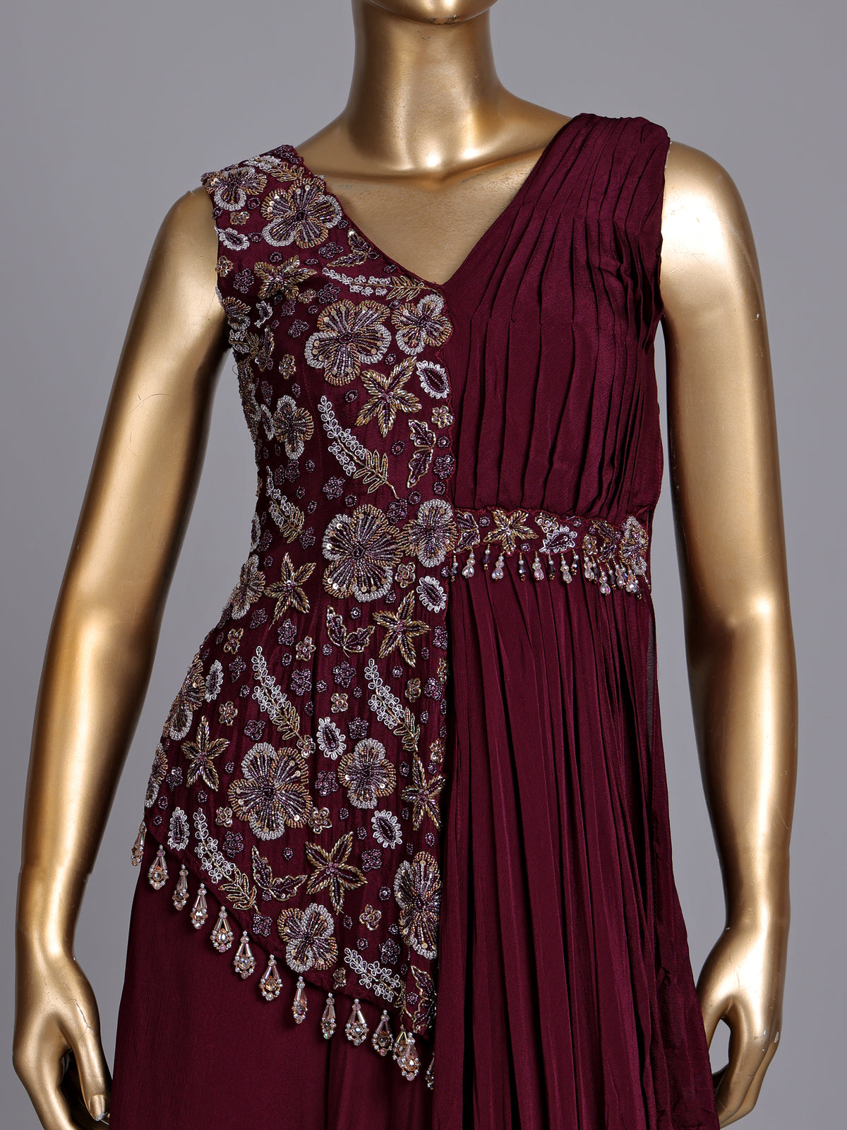 Wine chiffon designer gown with sequins work