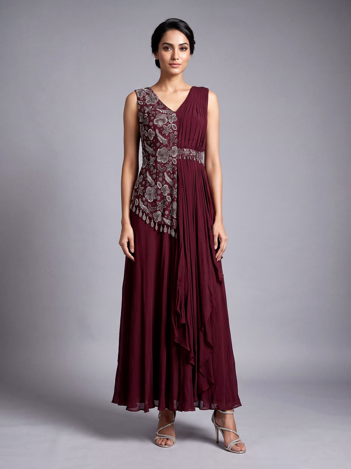Wine chiffon designer gown with sequins work
