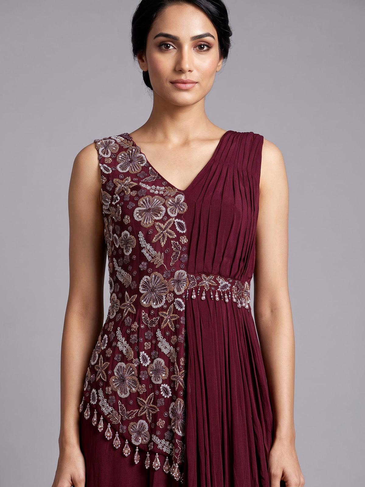 Wine chiffon designer gown with sequins work