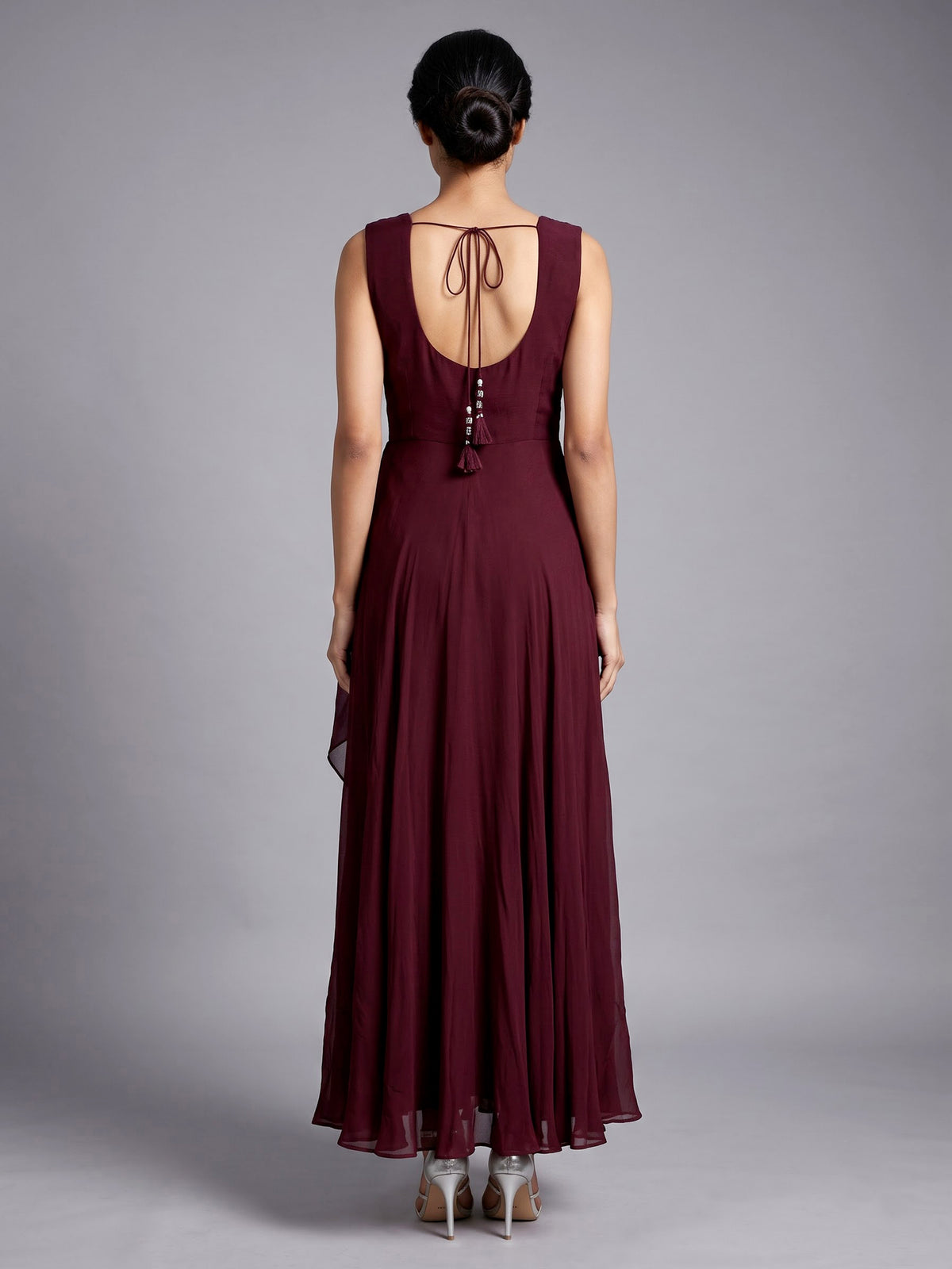 Wine chiffon designer gown with sequins work