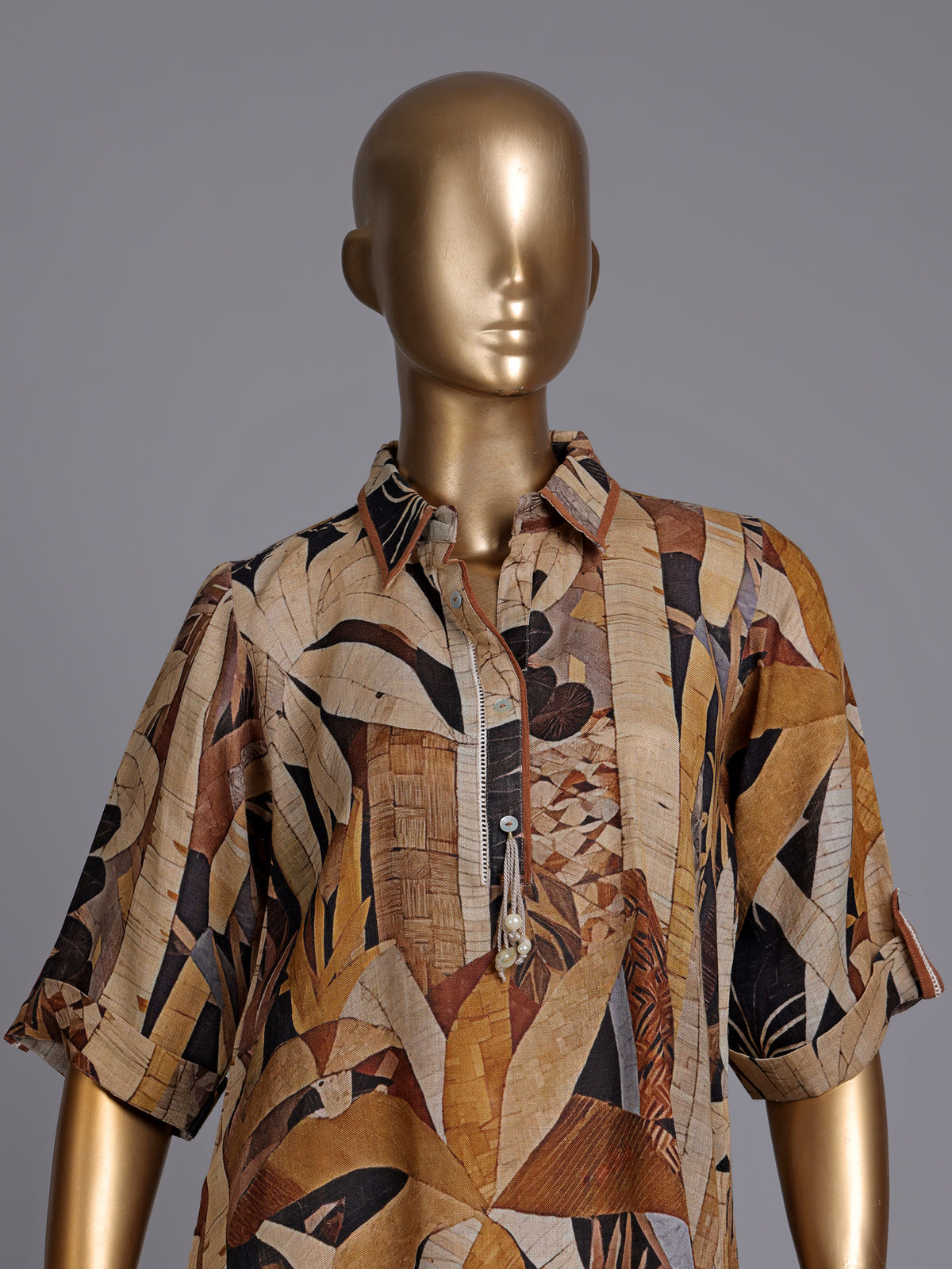 Brown linen printed western kurti with collar neck and elbow sleeves